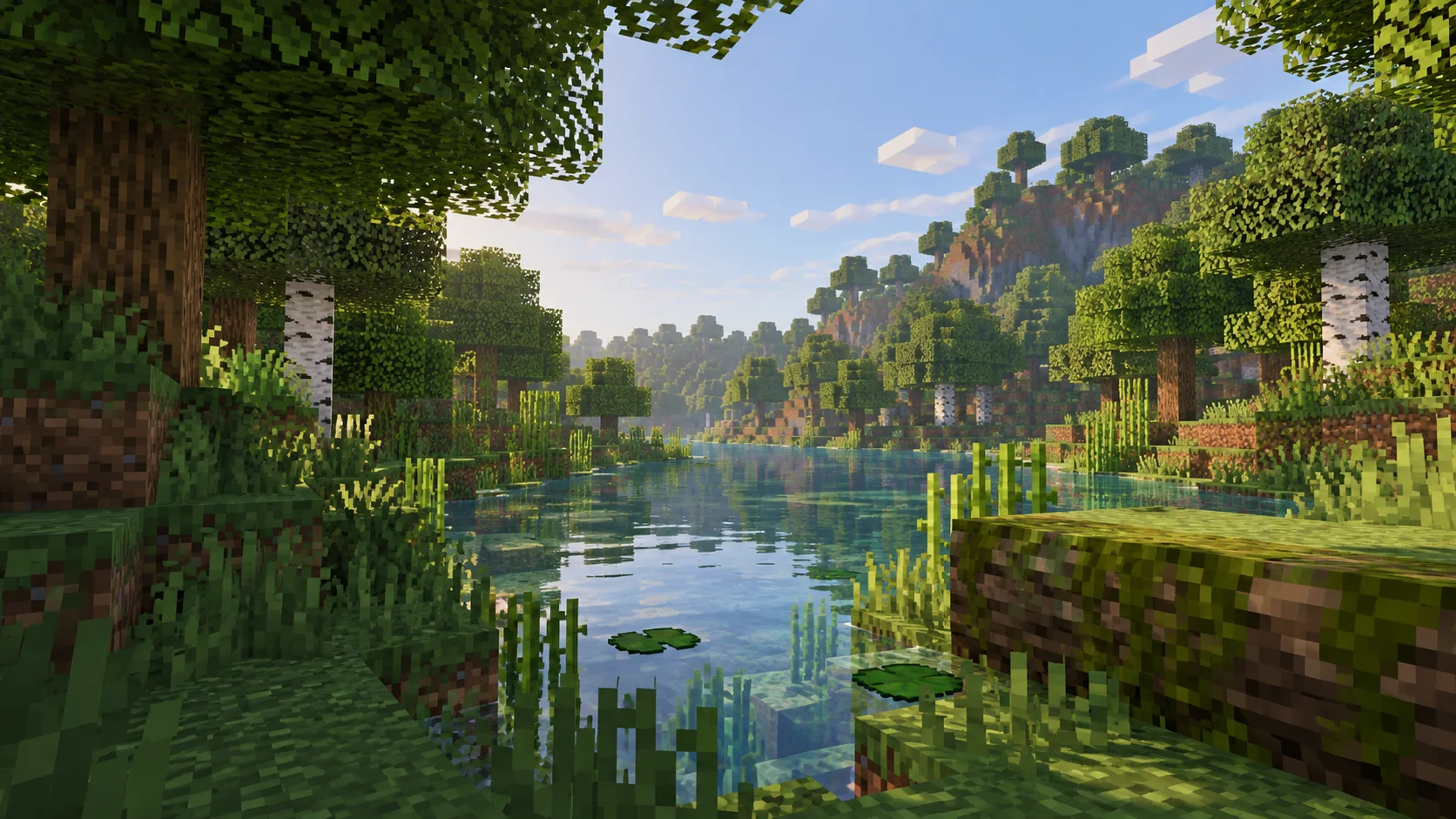 A river, reeds and a mossy wooden platform in a block forest